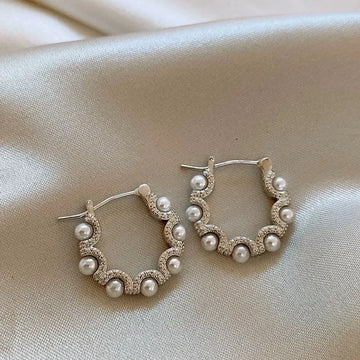 DAIIIBABYYY  -  Retro French Pearls Gold Color Circle Hoop Earrings Women Simple Design Zircon Flowers Ear Studs Vintage Delicate Jewelry Gifts